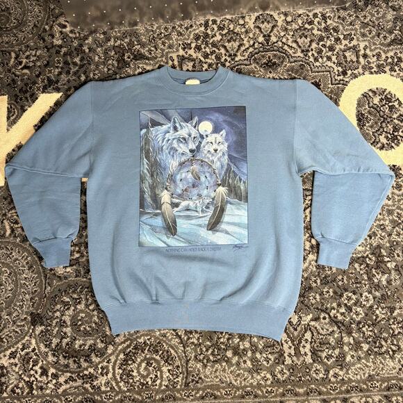 Vintage 90s Canadian Marshland Wolf Sweatshirt Wildlife Dream Catcher Sz L - Picture 1 of 4